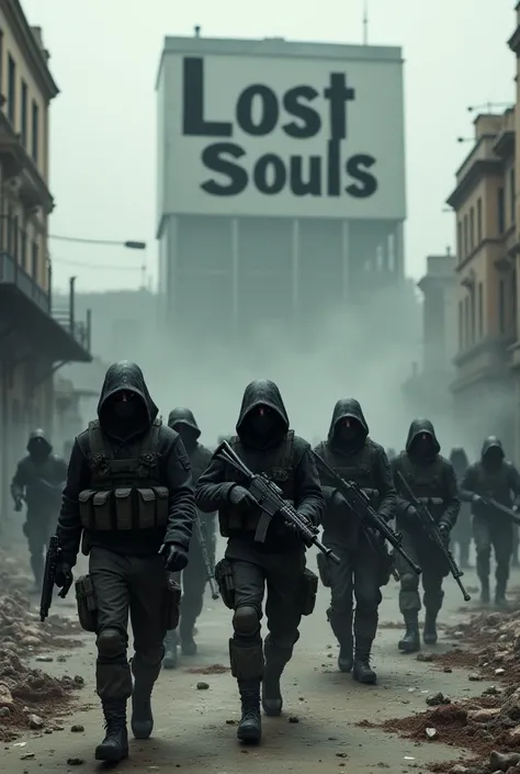 5 Soldiers in Black with Hoodies , Walking with zombies in a post-apocalypse city,  Slogan  ( Lost Souls written in the large building  )