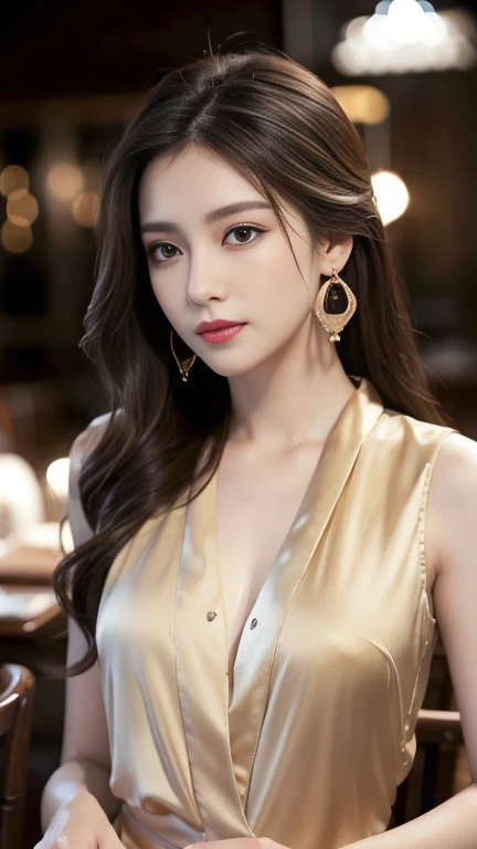 masterpiece,  best quality,  is present,  very detailed, Delicate details,  high resolution,  8k wallpaper,   , Wear a fine colored silk shirt,  at a great restaurant, At night,  light brown disheveled hair ,  perfect dynamic composition,  beautiful eyes、 ...