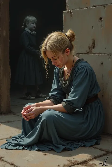 "Draw Fantine from Les Misérables in a vulnerable moment, sitting alone with a lock of her cut hair in her hands, tears streaming down her face. Surround her with a harsh and dark environment, like the factory or a cold street, to reflect her struggles. In...