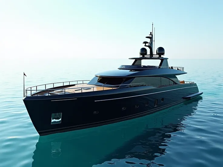 medium-sized black motor yacht with a long enclosed cabin and sundeck