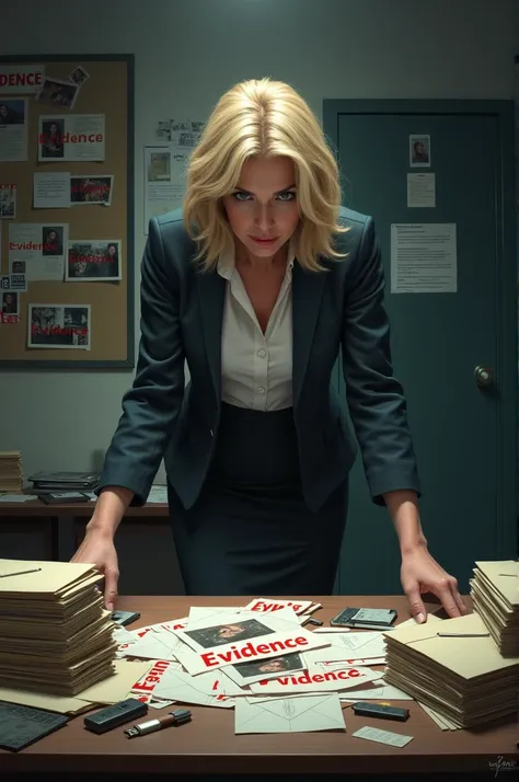 A blonde middle-aged woman, with shoulder-length wavy hair and wearing a professional yet slightly disheveled outfit (like a blazer and pencil skirt), is standing in front of a cluttered table. The table is overflowing with multiple items labeled "Evidence...