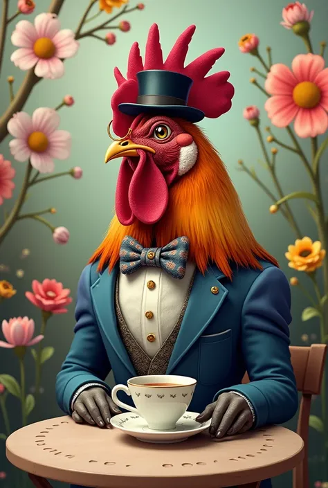 "Create a surreal and humorous image of a rooster sitting at a quaint outdoor café table, delicately sipping tea from a fine china cup. The rooster is adorned in an eccentric outfit—a monocle over one eye, a small top hat perched atop its comb, and a patte...