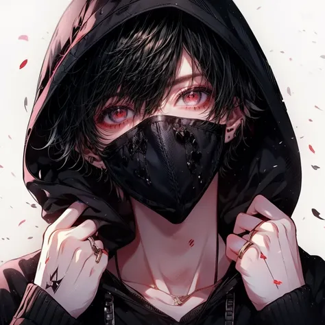 Beautiful young man, black hair, red eyes, short hair, black mask, shoulder palms covering own eyes, black hoodie, hood up,high quality, amount of drawing, pixiv illustration, detailed background, city background, light blurred background