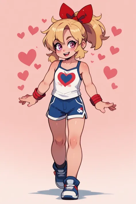  1 girl in the best(masterpiece、 Super high quality)、 Kindergarten Mother(Very young )、 blonde hair( short ponytail(Red ribbon barrette ))、 bright expression ( pink eyes)、Beautiful clothes( White Tank Top (Heart pattern(red))、 shorts( dark blue jerseys )、 ...