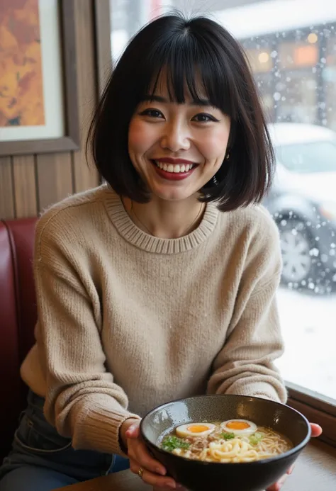 realistic photograph,portrait of japanese woman sitting in ramen restaurant,short bob hair,eyeliner,eyeshadows,blush,burgundy lips,beige sweater,jeans,holding ramen bowl on table,looking at viewer,laughing,Snow is falling outside the window.