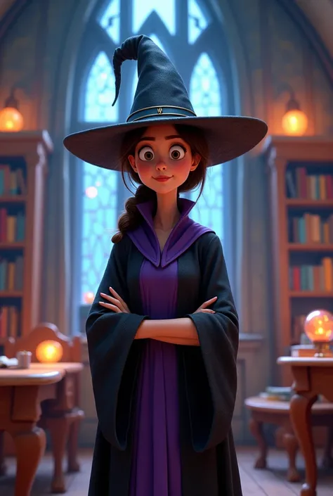 A witch teacher at a magic school in a Pixar Castle style