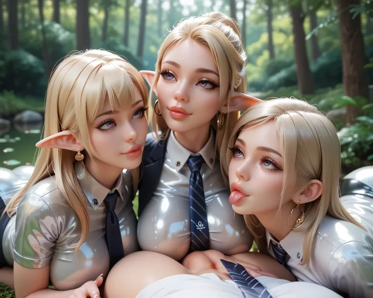 3 women , In extrem eng an lyingen ,   shiny silver latex polo shirt, Is in the forest kneeling in front of the observer looking up,  two sides up ,    blonde hair   ,   reflection  ,    reflecting light  ,     high resolution ,    masterpiece  ,  Long eye...