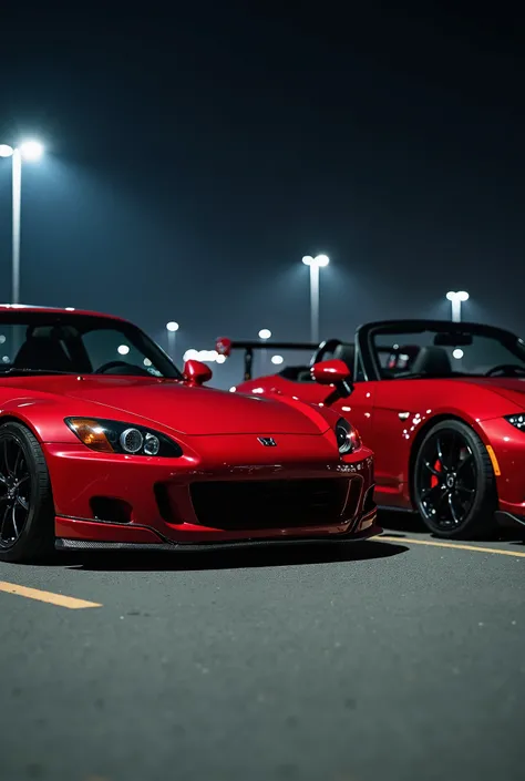 une Honda S2000 rouge et une Mazda mx5 ne Rouge garée sur un parking de nuit