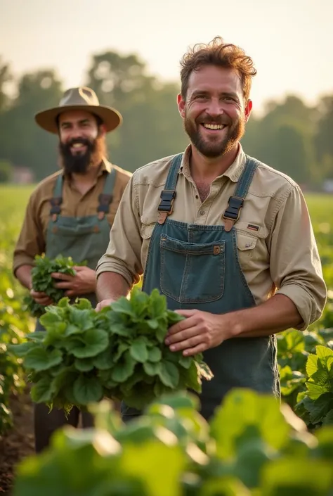 Crée moi une image hyperéaliste et chaleureuse montrant des agriculteurs souriants au milieu de leurs cultures bio.