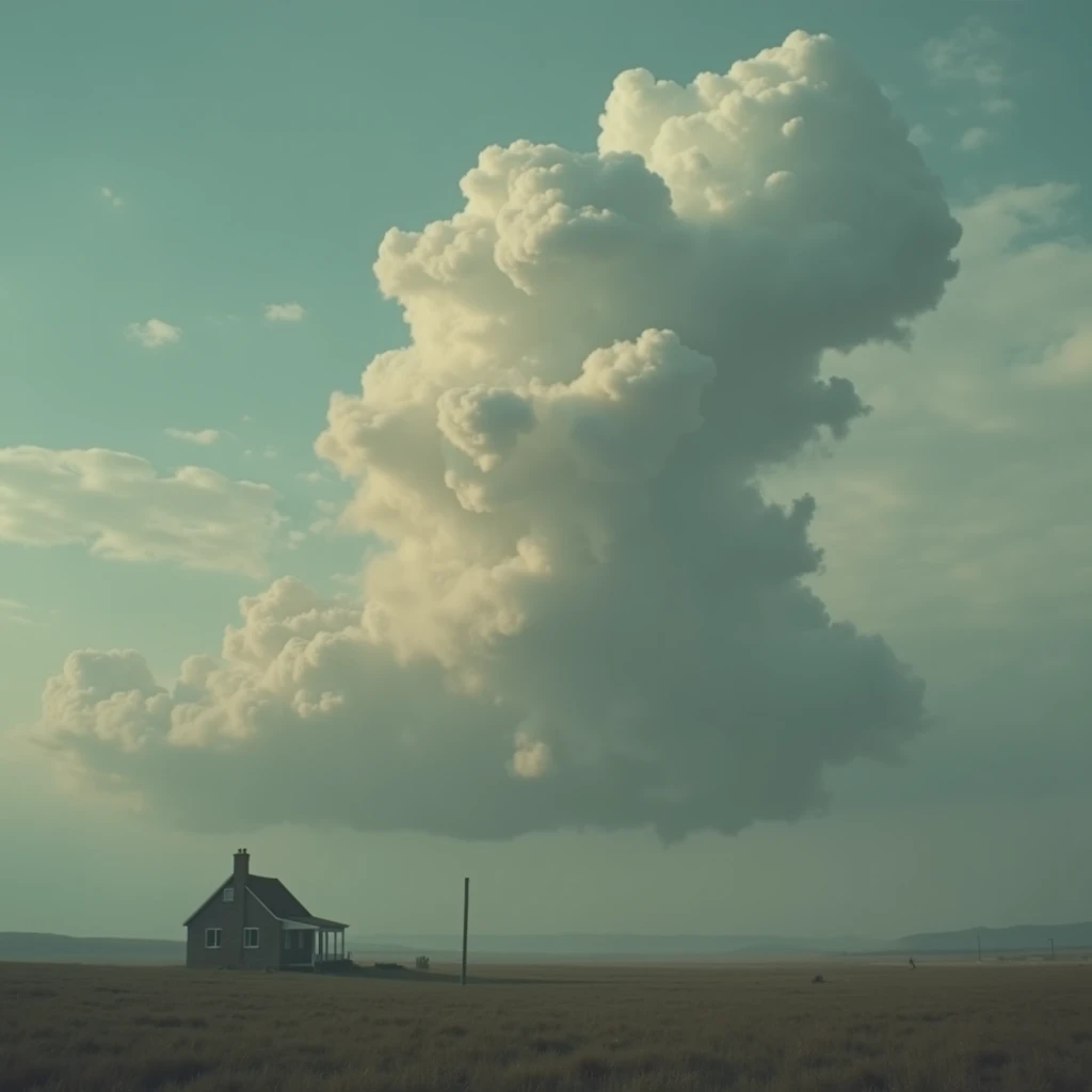 clouds look like a naked woman , small house, cinematic