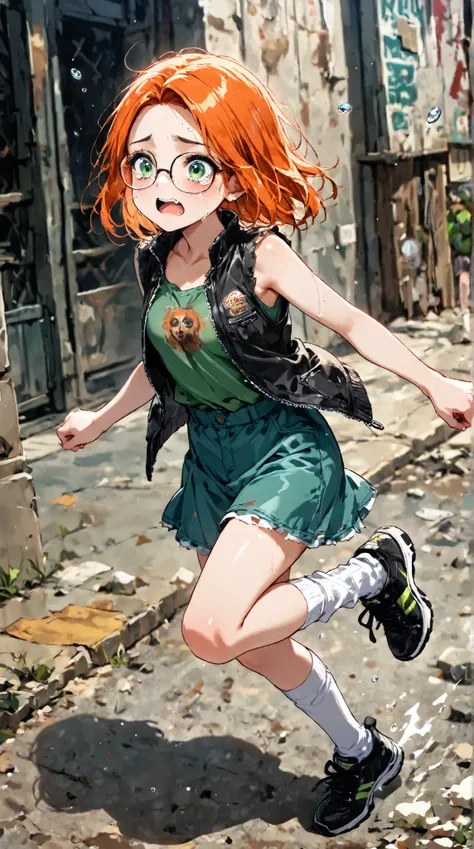 (Young woman, anime, brown mini short, long socks, black sneakers, sleeveless black jacket, green shirt, glasses, orange hair, medium breast),solo,1girl, Dead by daylight world, running scare, tears, green eyes, open mouth, killer behind