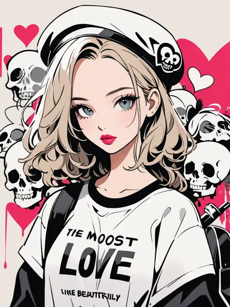 Hyperrealistic Banksy-esque,  Simple Line Acronym Abstract Painting ,  stylish design,  The Most Beautiful Girl Ever ,  Female university student ,  skull fashion, Lips in Love