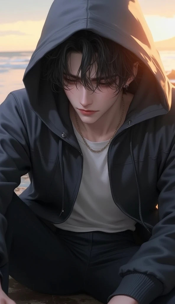 young man wearing t-shirt and hoodie jacket, Sitting pensively, is crying, shades of twilight light , romantic shades , pulled over on the beach , with a beautiful woman next to him dressed in teacher's clothes.