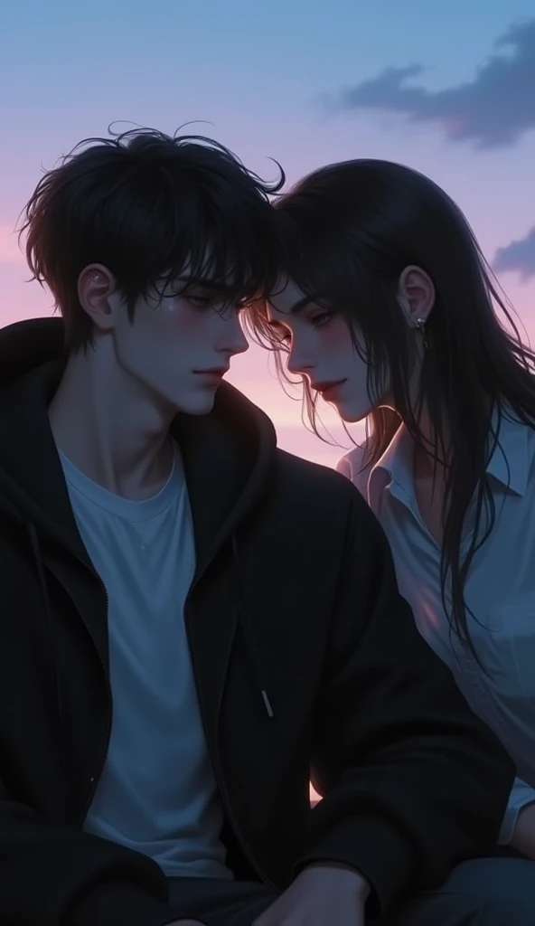 young man wearing t-shirt and hoodie jacket, Sitting pensively, is crying, shades of twilight light , romantic shades , pulled over on the beach , with a beautiful woman next to him dressed in teacher's clothes.