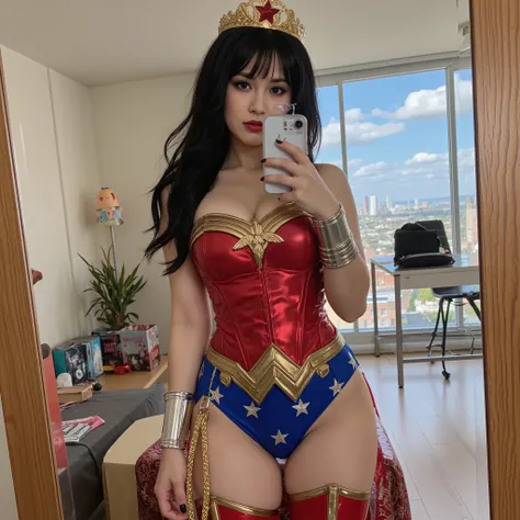 "Amateur shot of a mirror selfie with a student-themed room and city view in the background. A woman looking at the camera in a sexy Wonder Woman cosplay, featuring a form-fitting red corset-style top with a gold eagle emblem and a plunging neckline big bo...