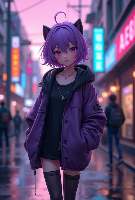 anime girl with purple hair and purple clothes walking down a street, badass anime 8 k, seductive anime girl, best anime 4k konachan wallpaper, anime style 4 k, anime wallpaper 4k, anime wallpaper 4 k, female cyberpunk anime girl, anime cyberpunk art, 4k a...