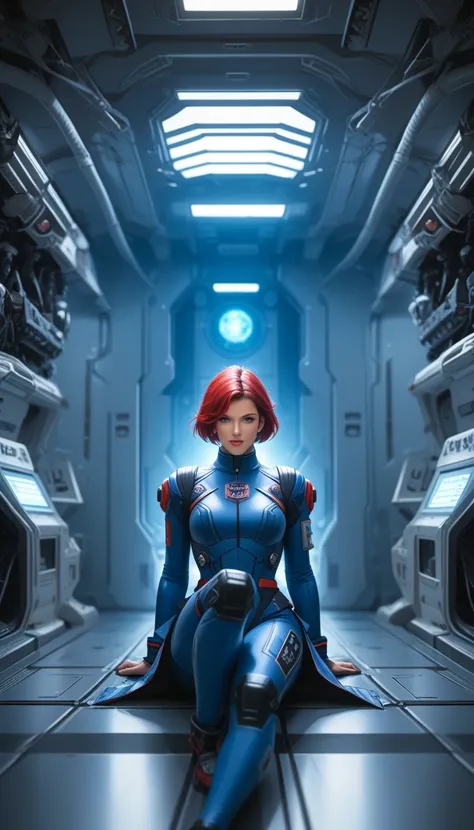   absurd resolution,  High resolution little bear, ( masterpiece: 1.4), hyper-detail, 1 young woman,  short red hair , pilot suit, rich princess,  sitting in an extremely narrow and closed wick control room looking out the window.,  the window is the unive...