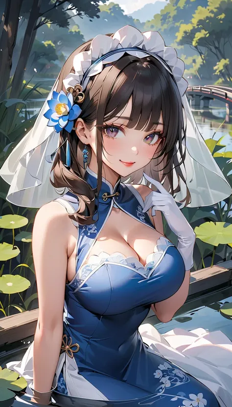  a girl ，Baby Face Big Breasts，Smoke willow painting bridge，Wind curtain，Jiangnan，outdoor，Sitting by the water，Wears a small lotus headdress on the head，On the wetland ， holding a small fan in one hand， golden pupils，eyelash，Collar， red lips，Pout，Smile，Sma...