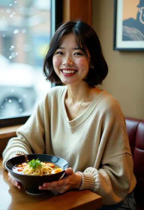 realistic photograph,portrait of japanese woman sitting in ramen restaurant,short bob hair,eyeliner,eyeshadows,blush,burgundy lips,beige sweater,jeans,holding ramen bowl on table,looking at viewer,laughing,Snow is falling outside the window.