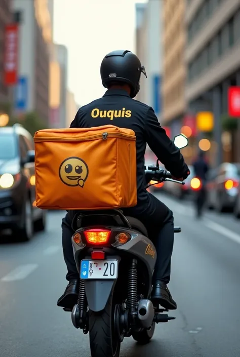 A black fast food delivery man on a motorcycle ,  and it is written OUQUIS with the potato emoji in the letter Q.