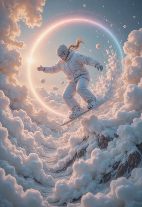 wonderland，cloud，(masterpiece:1.2,Excellent quality , mirror-like , cinematic experience ),8K,wallpaper,Snowboarder ,(Jump:2.0),(Dynamic:2.0),( HD aerial footage :2.0),Asahi,( The background is a beautiful rainbow:2.0)