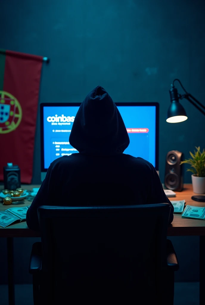 " A hacker seen with his back ,  sitting on a chair in front of a computer ,  in a dark and technological environment .  On the computer screen ,  the Coinbase logo appears with the message 'coincoin' Base Approved' highlighted ,  symbolizing success and p...