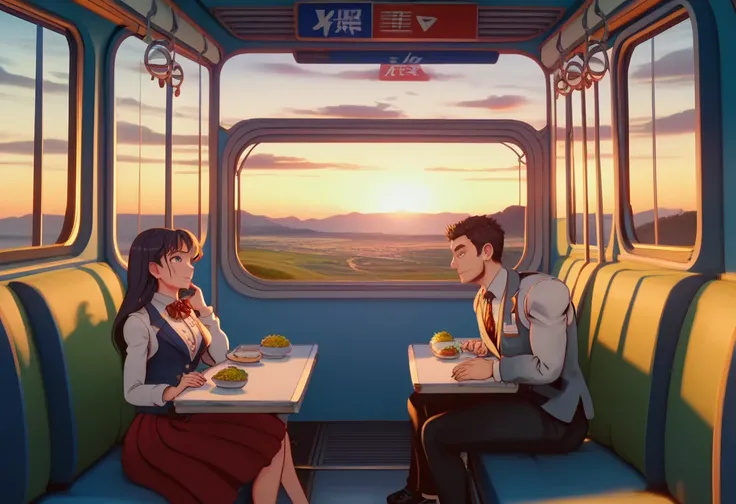 2 students sitting in a train interior, sunset, japanese countryside train interior, box seats facing each other, rice fields and mountains outside the window, blue and red sunset sky, anime style, (best quality,4k,8k,highres,masterpiece:1.2),ultra-detaile...