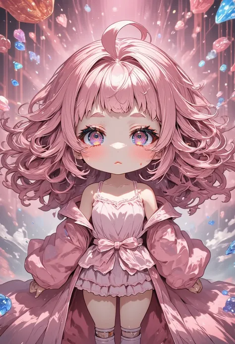 various iridescent pink color effects. 
pretty angel, fluffy loose curls shining glossy silky pink hair, captivating eyes, heterochromia, pretty cute expression. 
thin flat slender body line, wearing bondage-like style, pink loose knit camisole, pink ruffl...