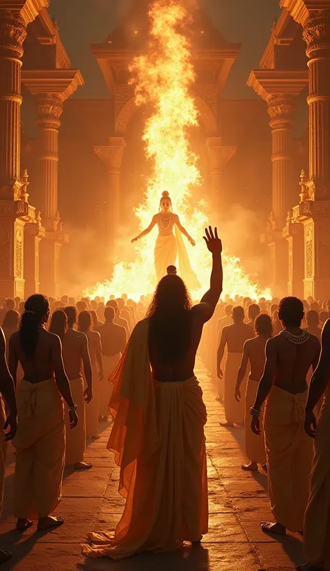 "A grand royal yajna (fire ritual) in an opulent palace courtyard, filled with indian sages(wearing dhoti), gods, and celestial beings. King Daksha stands at the center, draped in luxurious royal attire, his face filled with arrogance as he raises his hand...