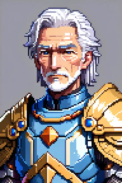 Create an SNES-style pixel art portrait of Jermyn, an elderly male paladin master, designed for dialog scenes. The artwork should depict his upper body, from the head to the knees, angled slightly to the left, suitable for mirroring to face either directio...