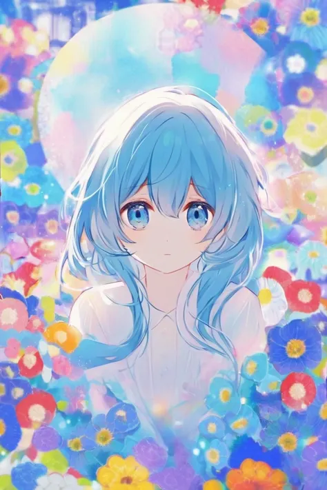 woman　  cute　 Shota　  blue hair and blue eyes  　length　It feels like a colorful 　background、I feel like it's between the morning and afternoon