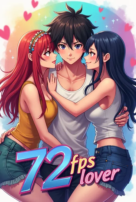 logo name "72FPS Lover" with tank and harem man and two woman anime hugging colour rainbow