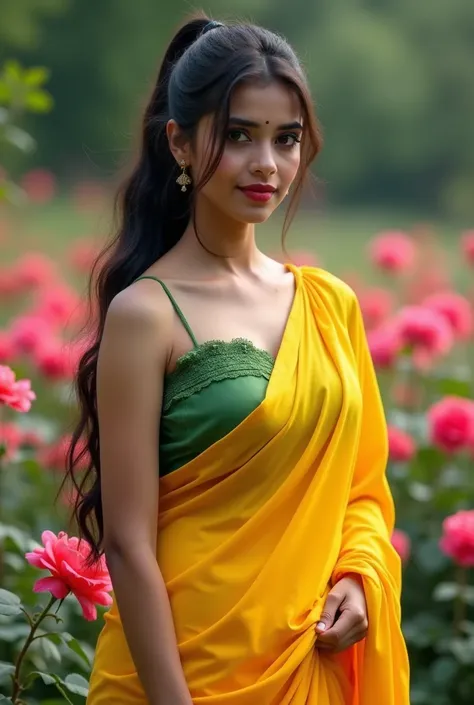 A young 18 years old girl. 30 inches waist. 5'5 height. Hair long enough to reach his hips. Just a little big boobs. Wearing a yellow coloured saree .
Saree should be fit enough so that her curves should be properly noticeable. She is wearing a green colou...