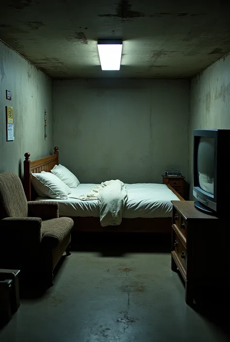  A bedroom in a bunker , no window ,  with a double bed ,  a TV with an armchair