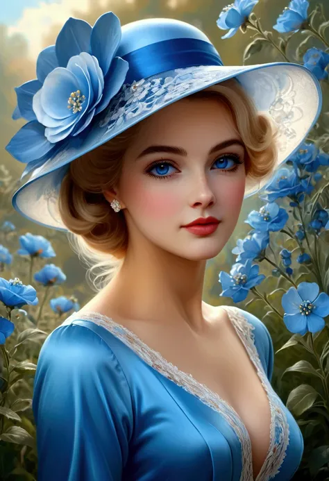  painting of a woman in a blue satin dress (( long sleeve )),  blue lace trim , blue hat ,  detailed face ,  large expressive eyes ,  a slight smile ,  behind me beautiful  ( small blue flowers ),  in the distance you can see half-blurred trees ,  beautifu...