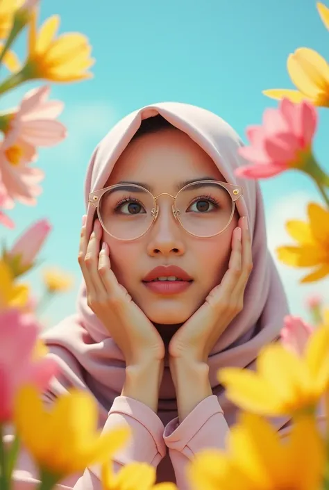 32k, masterpiece, best quality, (beautiful Indonesian woman) wearing glasses, hijab, masks, framed by flowers, bright colors, soft lighting, blue sky background, pastel colors, soft expressions, hands on cheeks, shocked appearance, flower front background ...