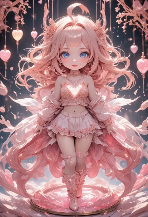 various iridescent pink color effects. 
pretty angel, fluffy loose curls shining glossy silky pink hair, captivating eyes, heterochromia, pretty cute expression. 
thin flat slender body line, wearing bondage-like style, pink loose knit camisole, pink ruffl...