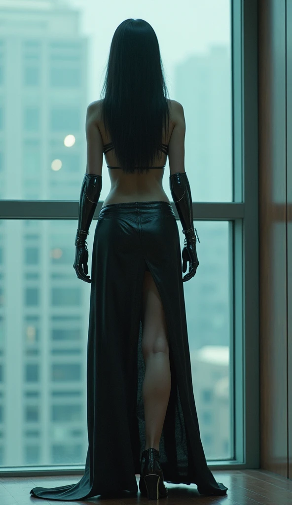 "cyborg, android,  cyberpunk,  Japanese woman, Photos taken with a 50mm lens,  Ghost in the Shell,  Blade Runner , Clear photo、　Beautiful skin、　 high definition、　Beautiful photos、Darkeye 、  Long limbs, slit skirts,  real photo."