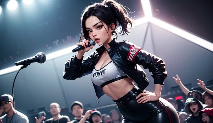  creates a realistic image of a sophisticated dark-haired woman ,solo、 1 woman 、Large, striking eyes, and delicate , Clear nose.   she has a prominent bust 、 has a curved figure with visible tattoos on her arms and shoulders  .  彼女は in hip-hop culture I'm ...