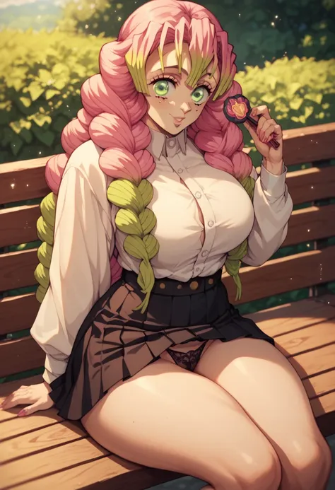 Mitsuri Kanroji big curly pink hair green eyes big boobs abdomen healed thick thighs big black blouse black skirt sitting on the bench black floss panties thick thighs big sexy