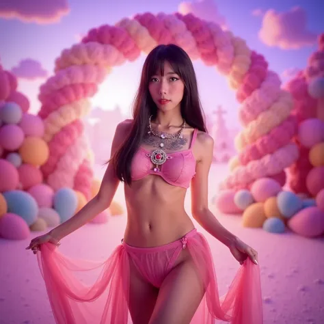 The bubble gum enchantress (cute, age 20, sheer bubblegum themed dress no underwear, candy jewelry) is casting a spell of love,he is in a magical candy land midday
