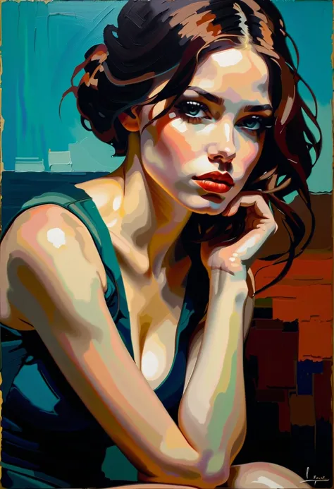 Create an evocative oil painting inspired by Malcolm Liepke, based on the provided image. Capture the intense, introspective expression of the young subject using thick, Incorporate earthy tones, deep blues, and warm browns to create a harmonious and invit...