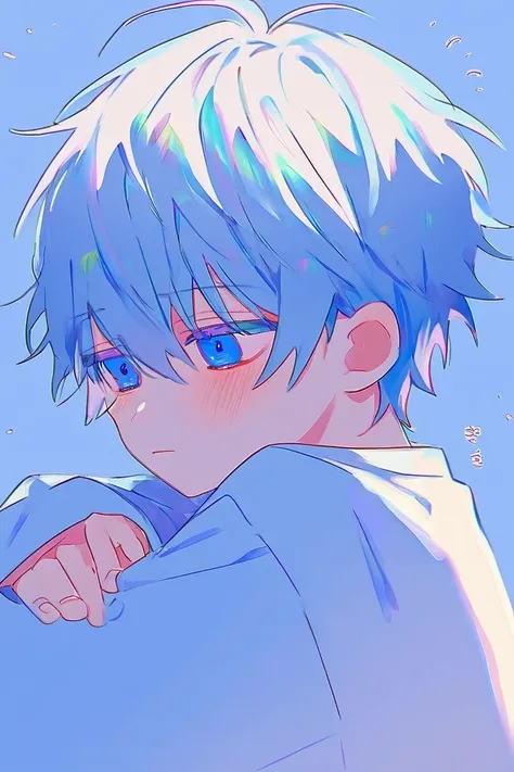 male　  cute　 Shota　  blue hair and blue eyes  　 short　 colorful based on blue　background、Feels like morning 