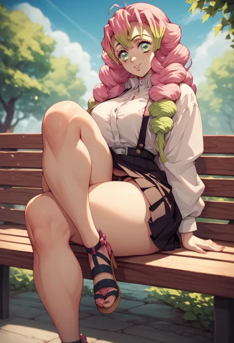 Mitsuri Kanroji big curly pink hair green eyes big boobs abdomen healed thick thighs big black blouse black skirt sitting on the bench black floss panties thick thighs big sexy