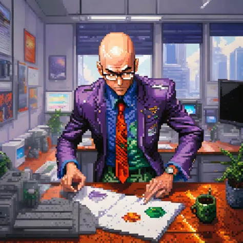 A bald, middle-aged man wearing glasses is dancing on a desk in an office while dressed in a cosplay costume of the Evangelion Unit-01. in a pixel art style, detailed , best quality, masterpiece, ultra intricate detailed, high detailsone