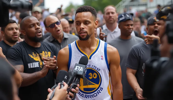 

“A basketball player, resembling Stephen Curry, is standing in front of a group of reporters, giving an interview. He is confidently speaking into a microphone while several supporters stand nearby, showing their support. The scene is outdoors, with a fe...