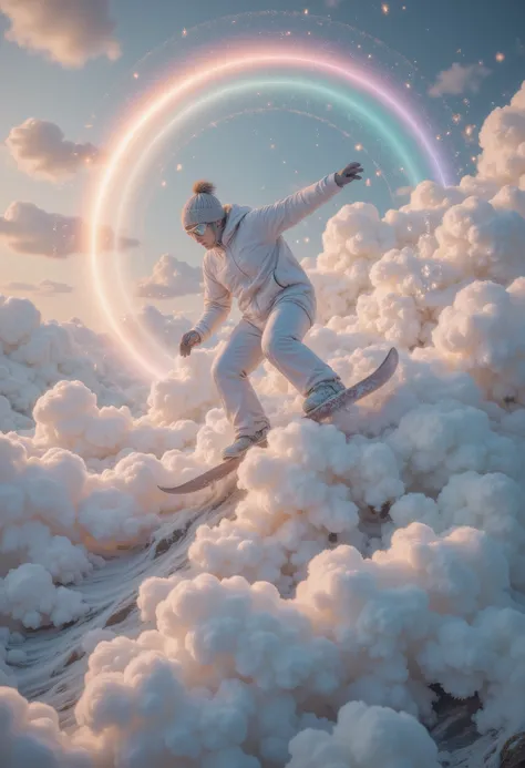 wonderland，cloud，(masterpiece:1.2,Excellent quality , mirror-like , cinematic experience ),8K,wallpaper,Snowboarder ,(Jump:2.0),(Dynamic:2.0),( HD aerial footage :2.0),Asahi,( The background is a beautiful rainbow:2.0)