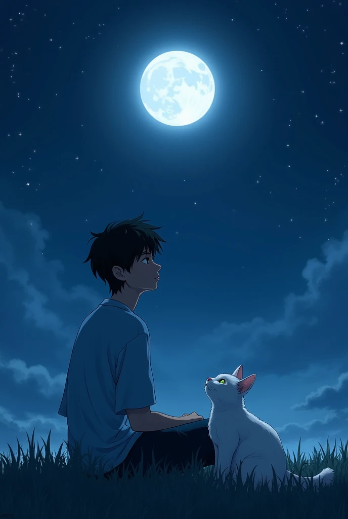 Watching moon 18 year old boy with white cat