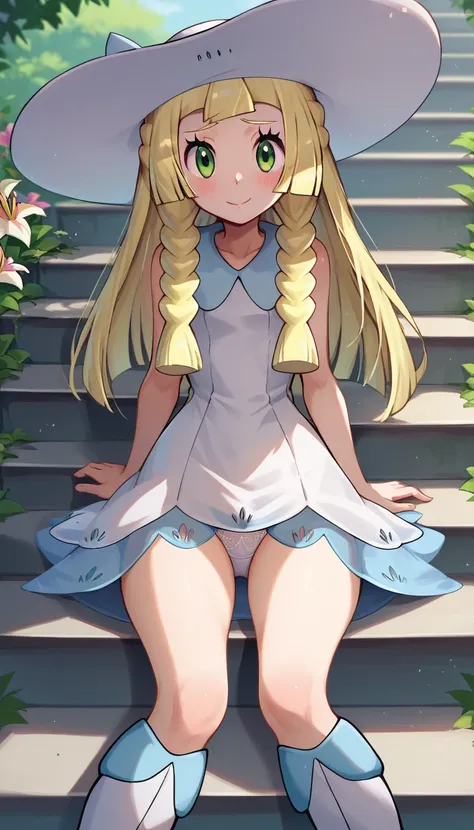 score_9, score_8_up, score_7_up, score_6_up,
1girl, solo, lillieuai, lillie (pokemon), 1lillie1, adult body, blonde hair, green eyes, long hair, 2default2, twin braids, white sunhat, white dress, short dress, sleeveless, knee boots, thighs, shy, looking at...