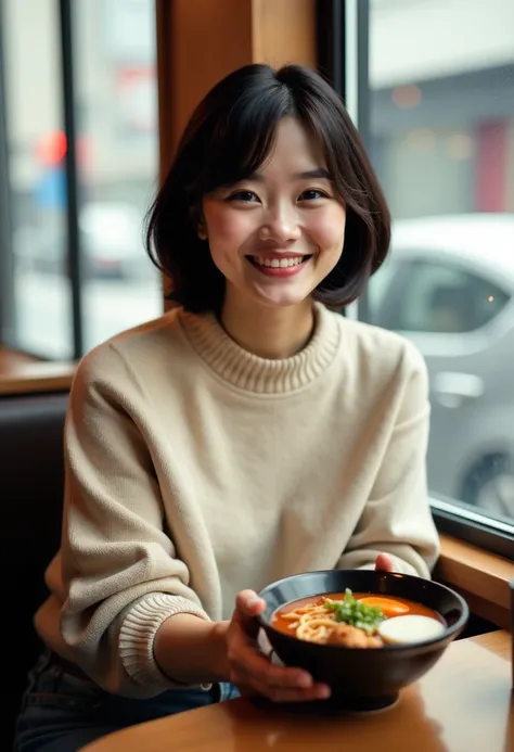 realistic photograph,portrait of japanese woman sitting in ramen restaurant,short bob hair,eyeliner,eyeshadows,blush,burgundy lips,beige sweater,jeans,holding ramen bowl on table,looking at viewer,laughing,Snow is falling outside the window.